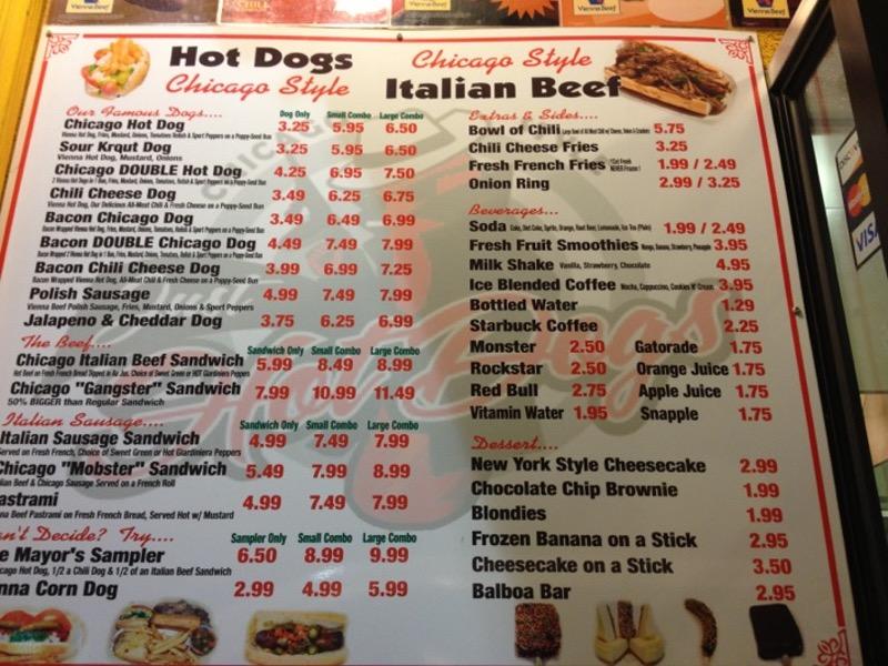 Menu at Just Hot Dogs restaurant, Westminster