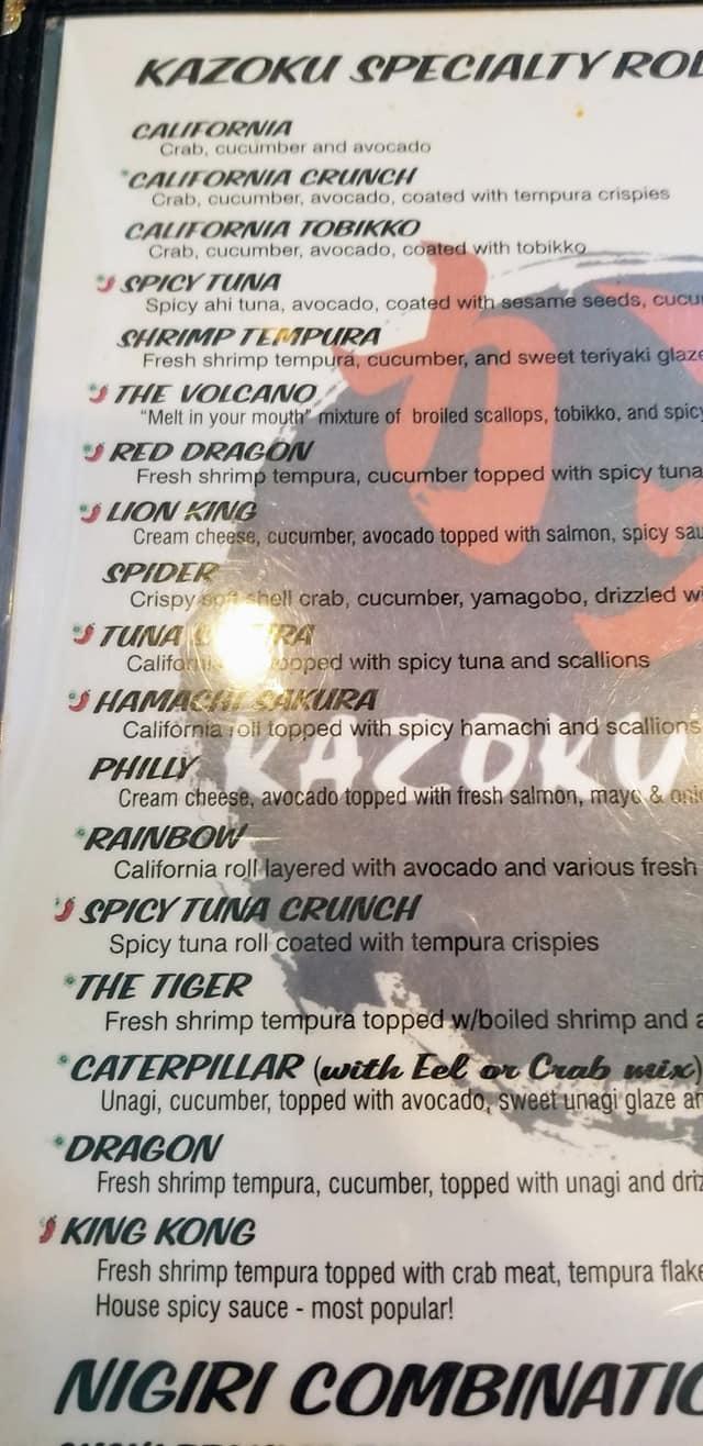 Menu at Kazoku Sushi restaurant, Kapolei