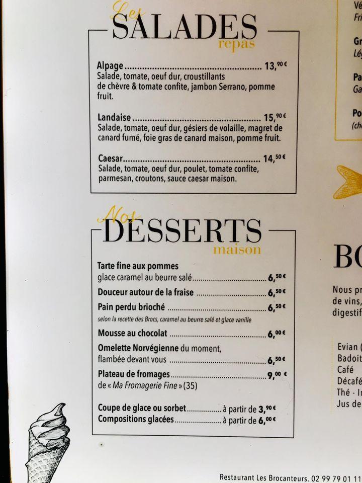 Menu at Les Brocanteurs restaurant, Rennes