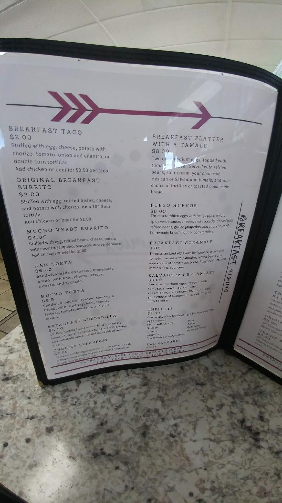Menu at Norma's restaurant, Pauls Valley