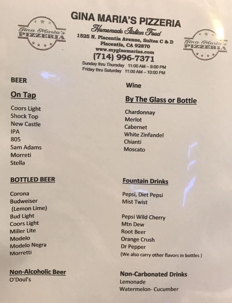 Carta de Gina Maria's Pizzeria, Placentia