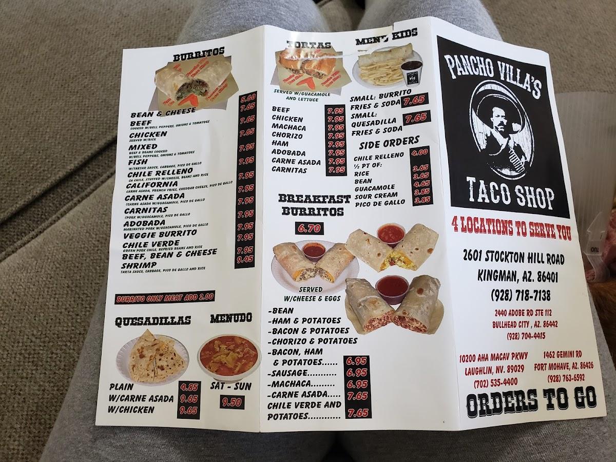 Menu at Pancho Villa Taco Shop restaurant, Kingman