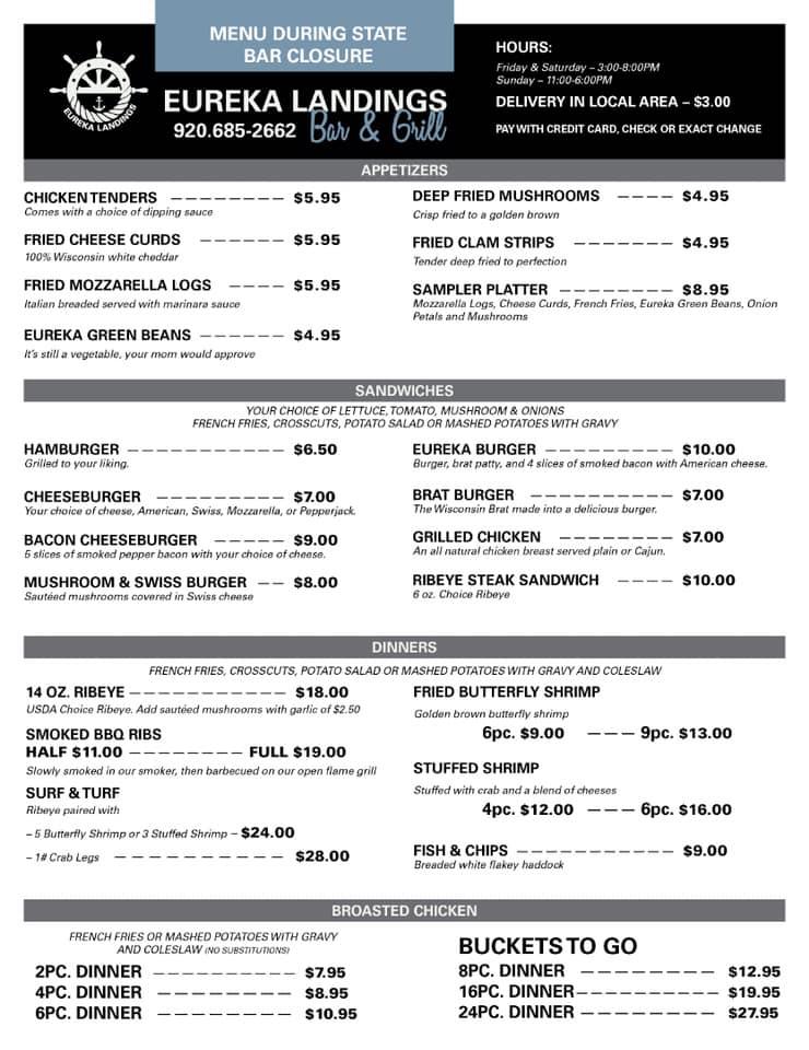 Carta de Eureka Landings Bar & Grill, Eureka