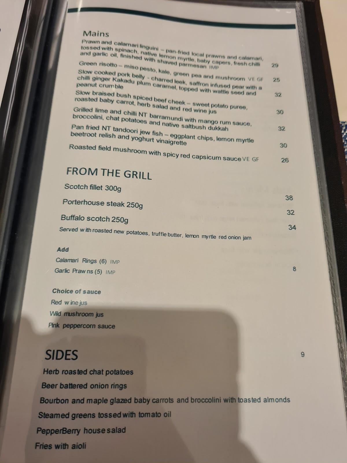 Menu at PepperBerry Restaurant, Darwin City