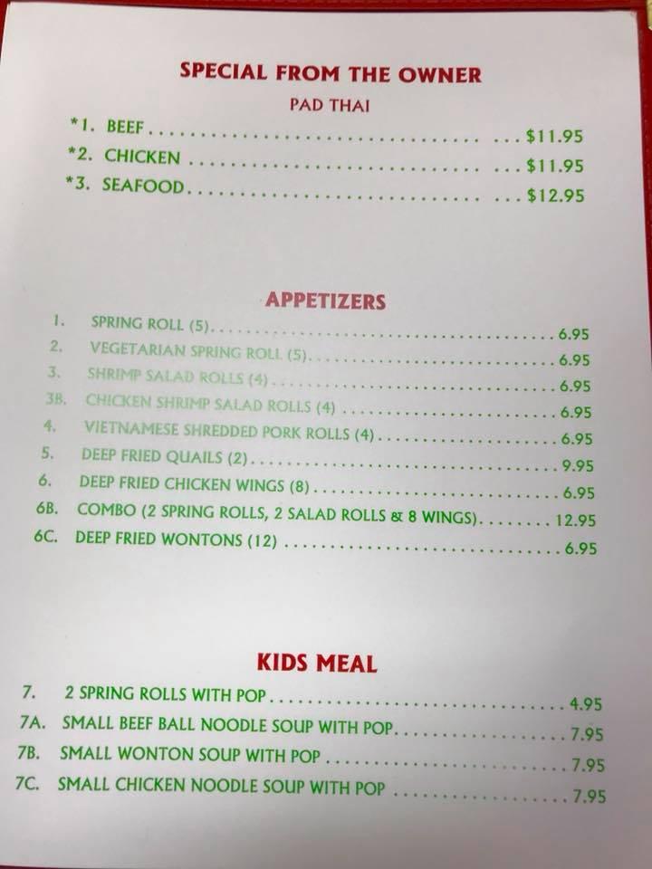 Menu au Vietnamese Noodle House restaurant, Cochrane