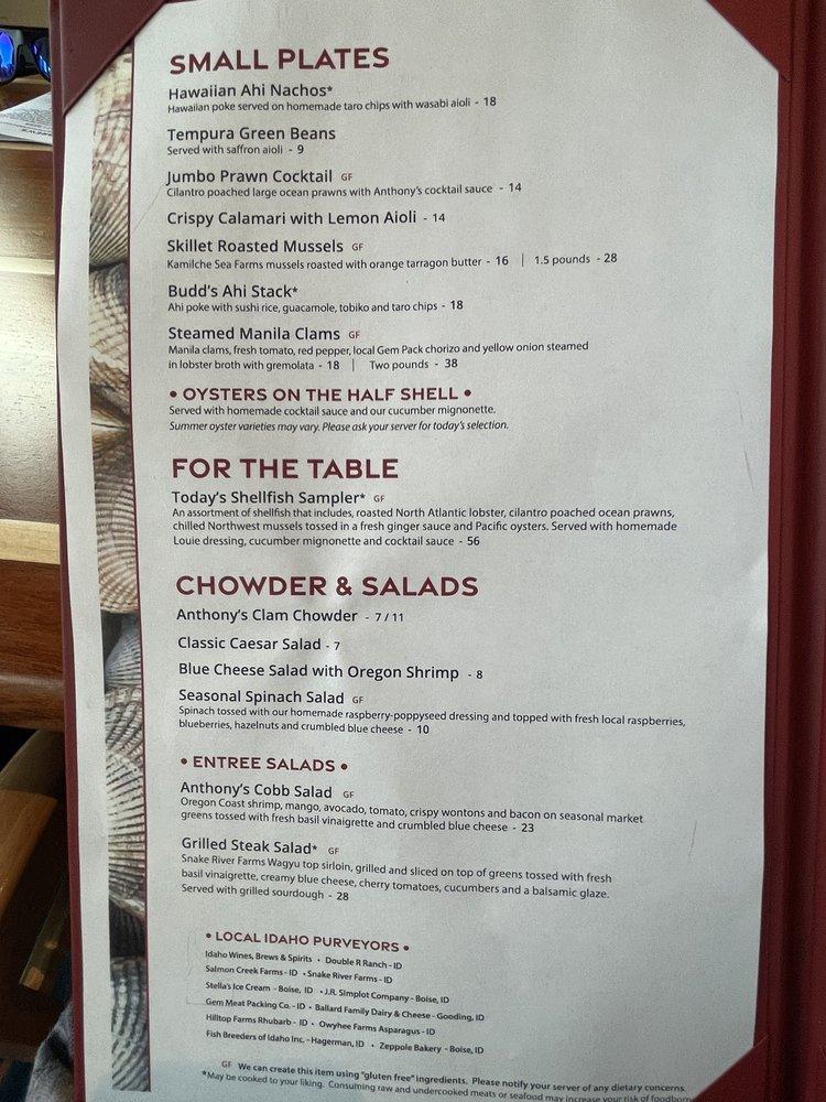 Menu at Anthony’s Restaurant Boise, Boise