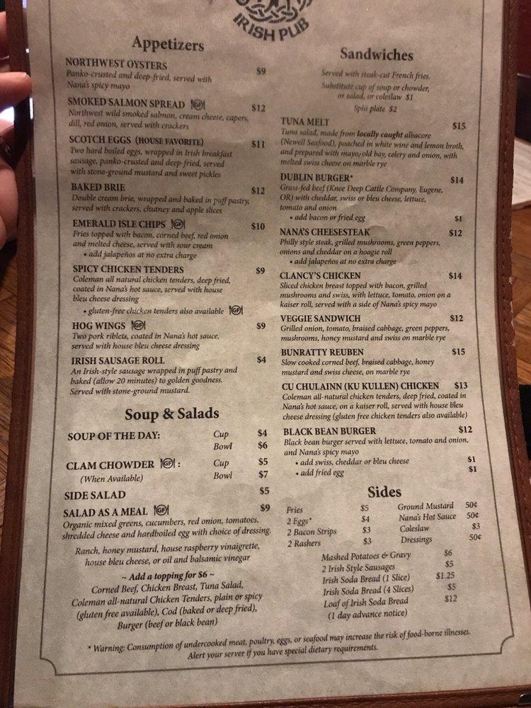 Menu at Nana's Irish Pub, Newport