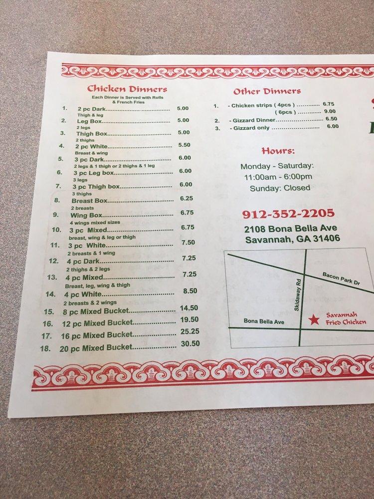Menu at Savannah Fried Chicken restaurant, Savannah, Bona Bella Ave