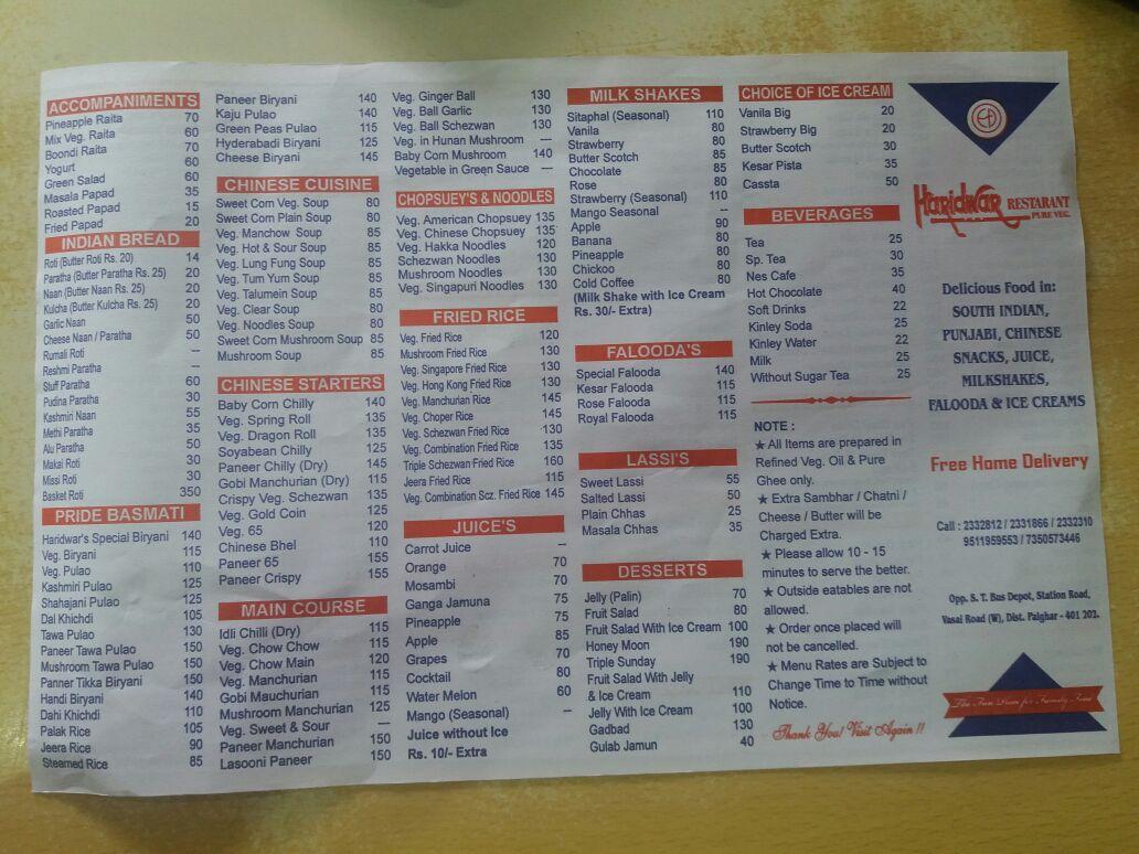 Haridwar pure veg restaurant menu