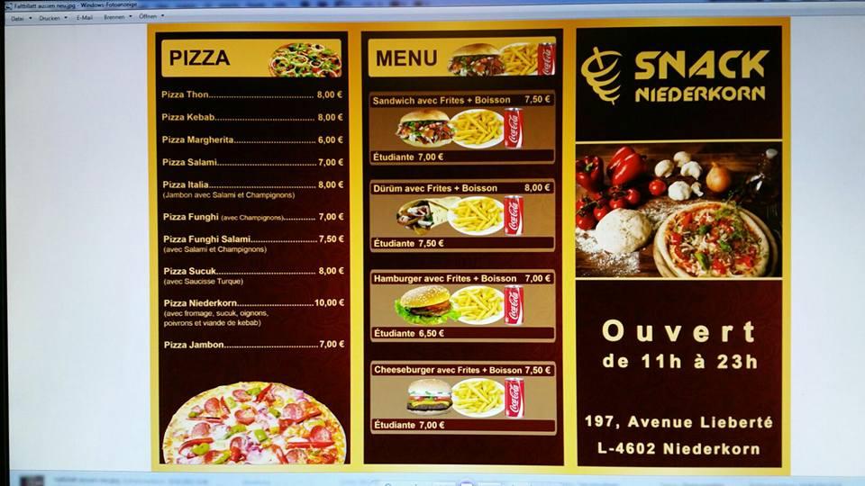 Menu de Snack Niederkorn Pizza Kebab