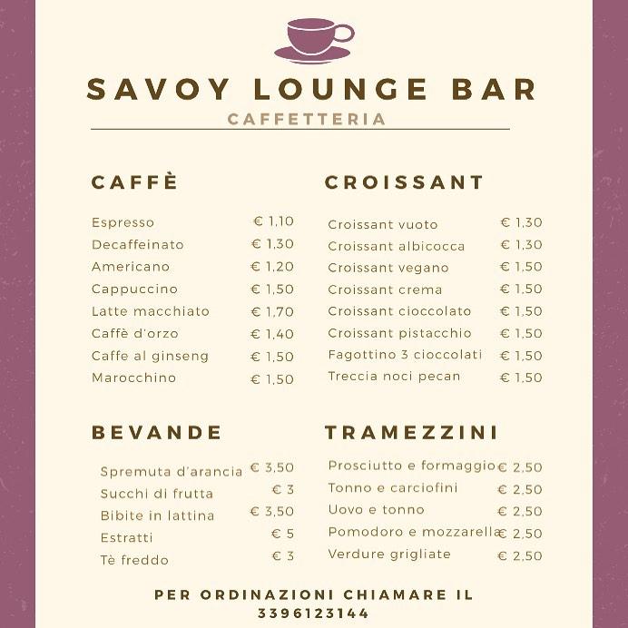 heks Beeldhouwwerk fax Menu da Savoy Lounge Bar, Torino