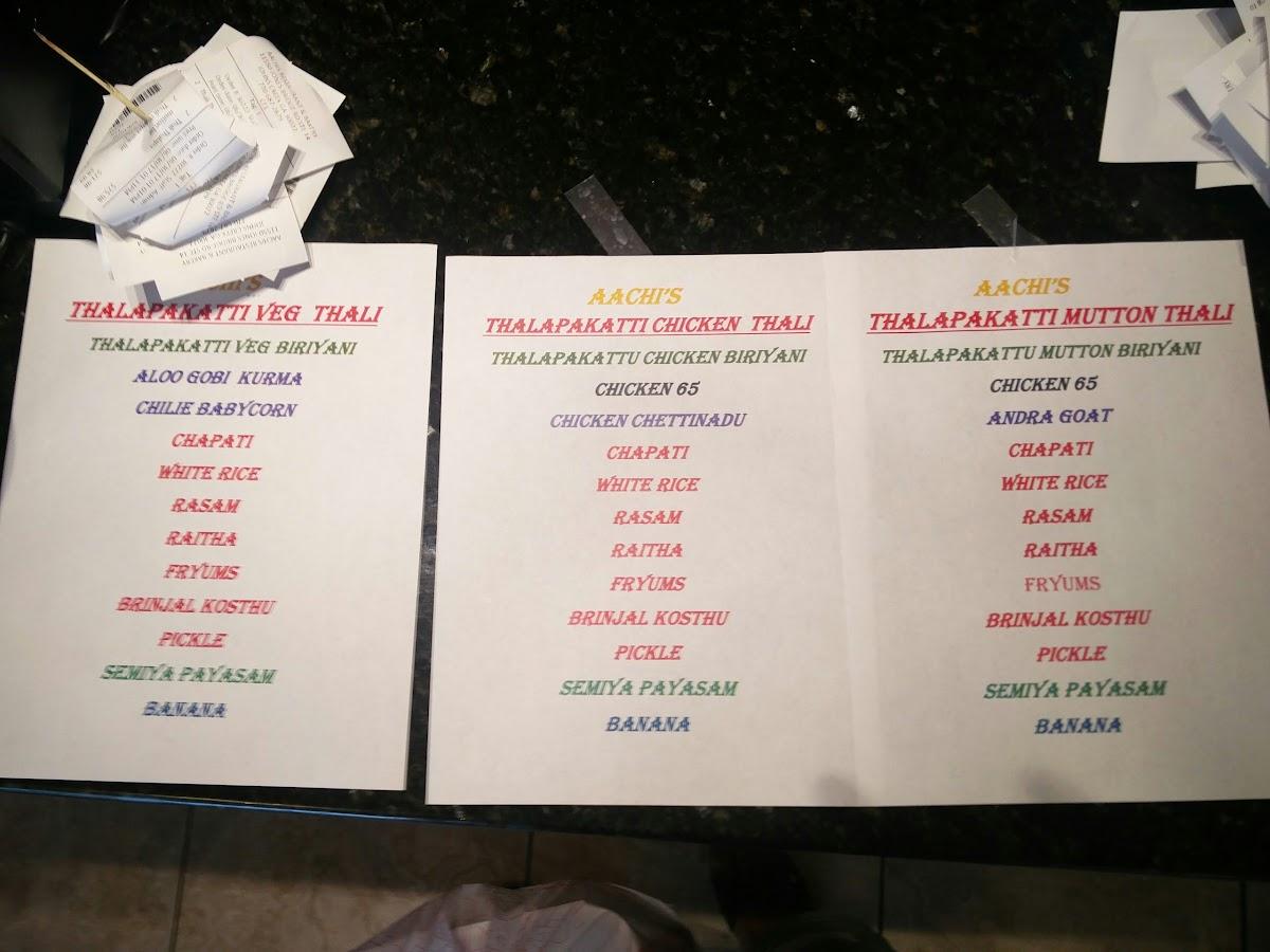 Menu at Aachi's Indian Restaurant and Bakery, Johns Creek