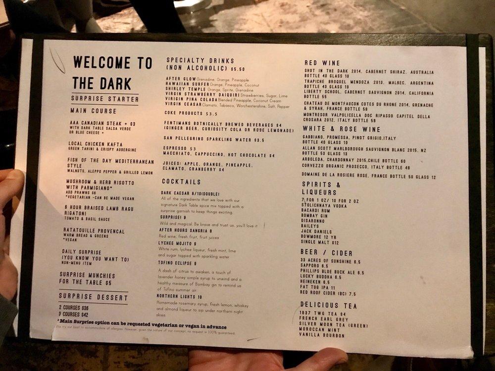 Menu at Dark Table restaurant, Vancouver