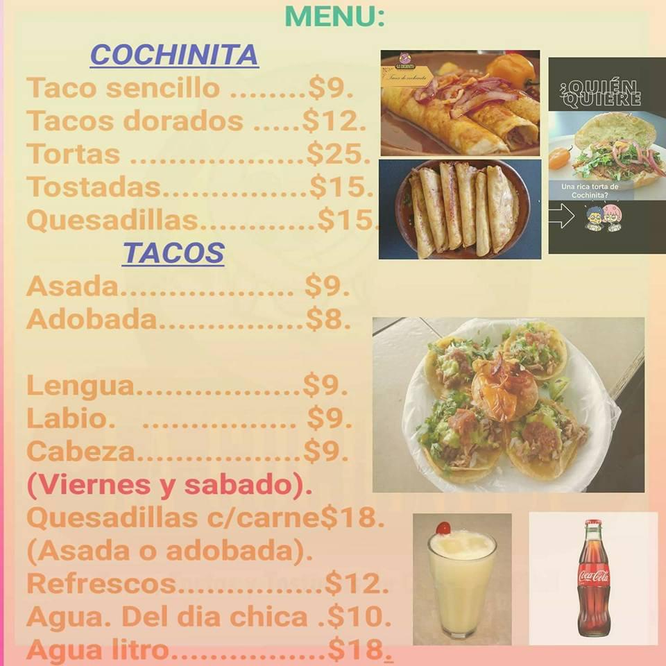 Menu at La Cochinita restaurant, Mazatlán, Av Tecnológico 294-c