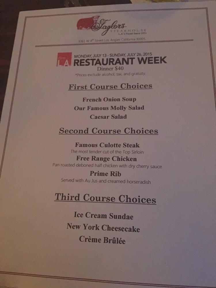 Menu at Taylor's Steak House steakhouse, Los Angeles
