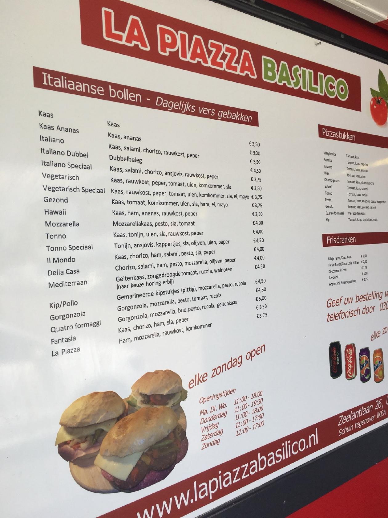 Menu at La Piazza Basilico, Utrecht