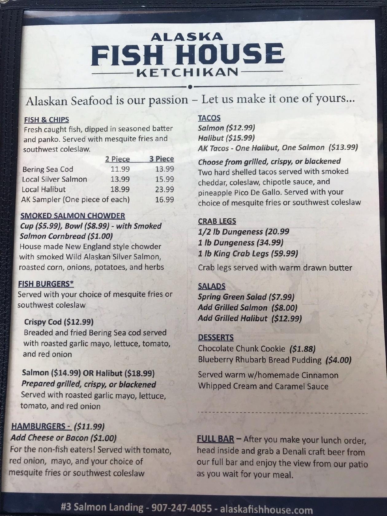 Menu at Alaska Fish House restaurant, Ketchikan