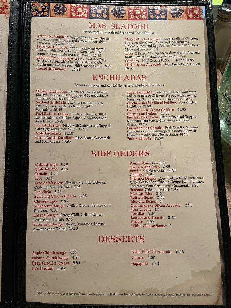 Menu at Los Corrales restaurant,