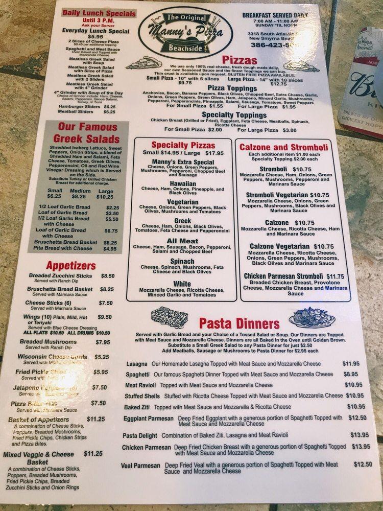 Menu at Manny's Pizza Beachside pizzeria, New Smyrna Beach