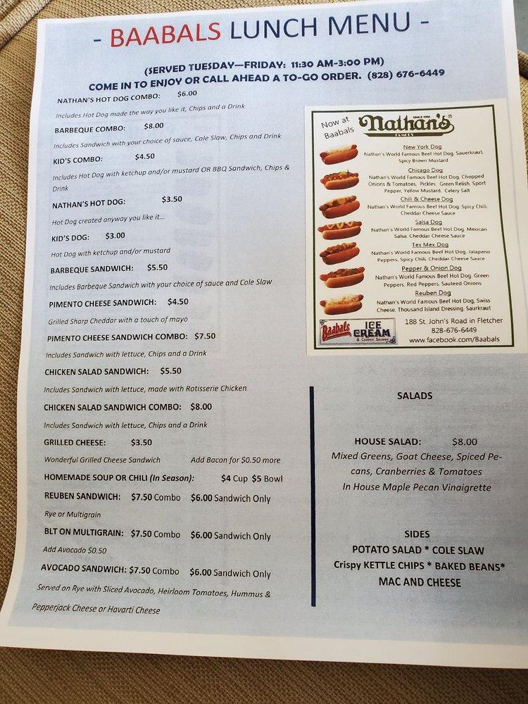 Menu at Baabals Ice Cream Shoppe & Family Grill BBQ, Fletcher