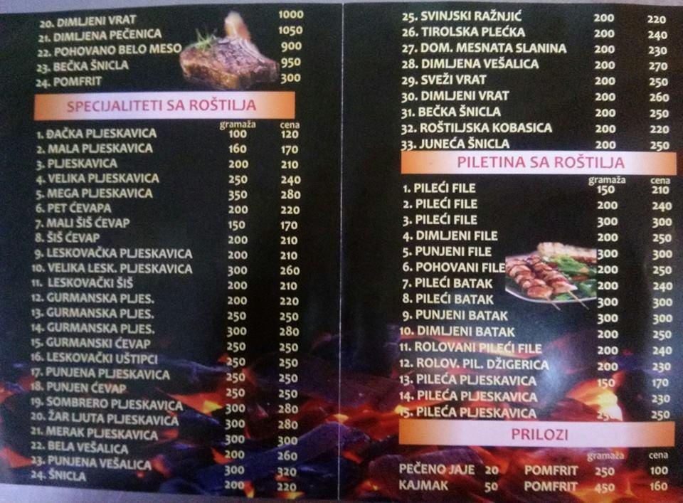 Menu at Lesko Žar fast food, Belgrade, Ulica Salvadora Aljendea
