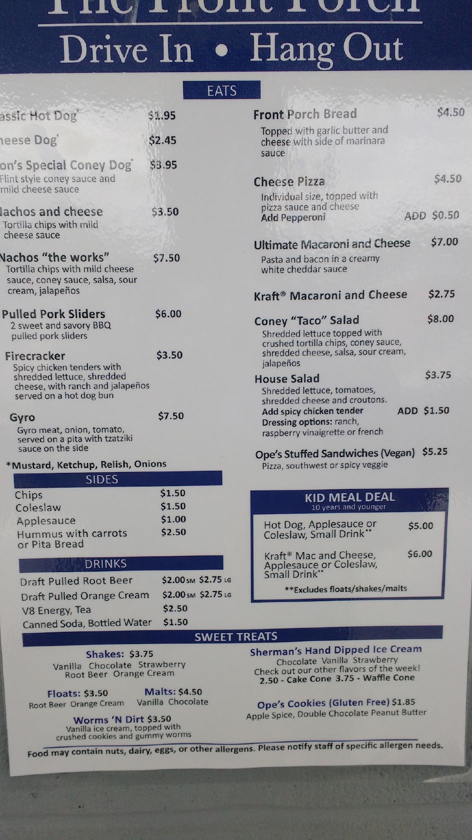 Menu at The Front Porch restaurant, Galesburg