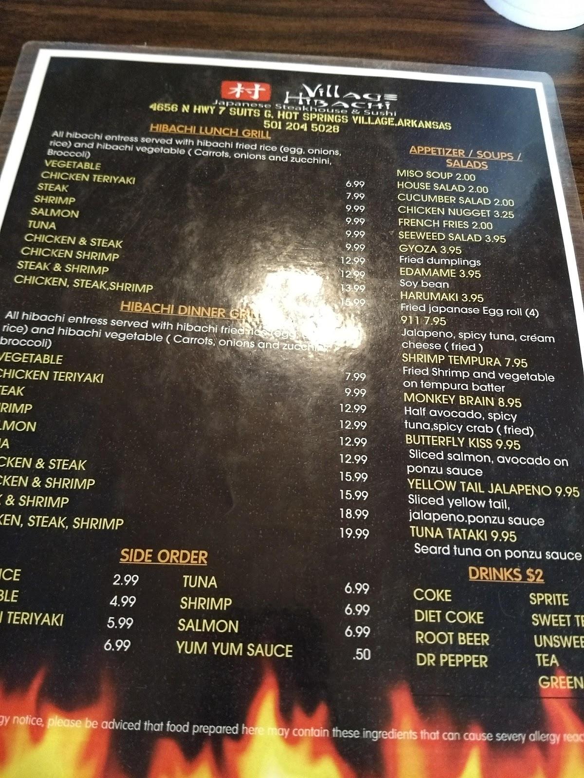 Menu at Village Hibachi restaurant, Hot Springs Village, N State Hwy 7