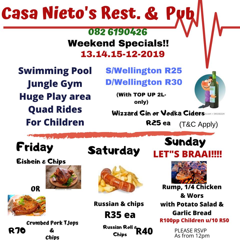 Menu at Casa Nieto's Hennops restaurant, Centurion