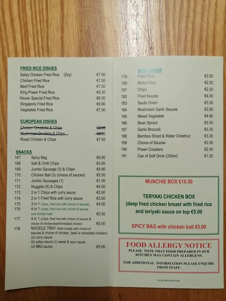 Menu at LING' GARDEN CHINESE RESTAURANT, Borrisoleigh