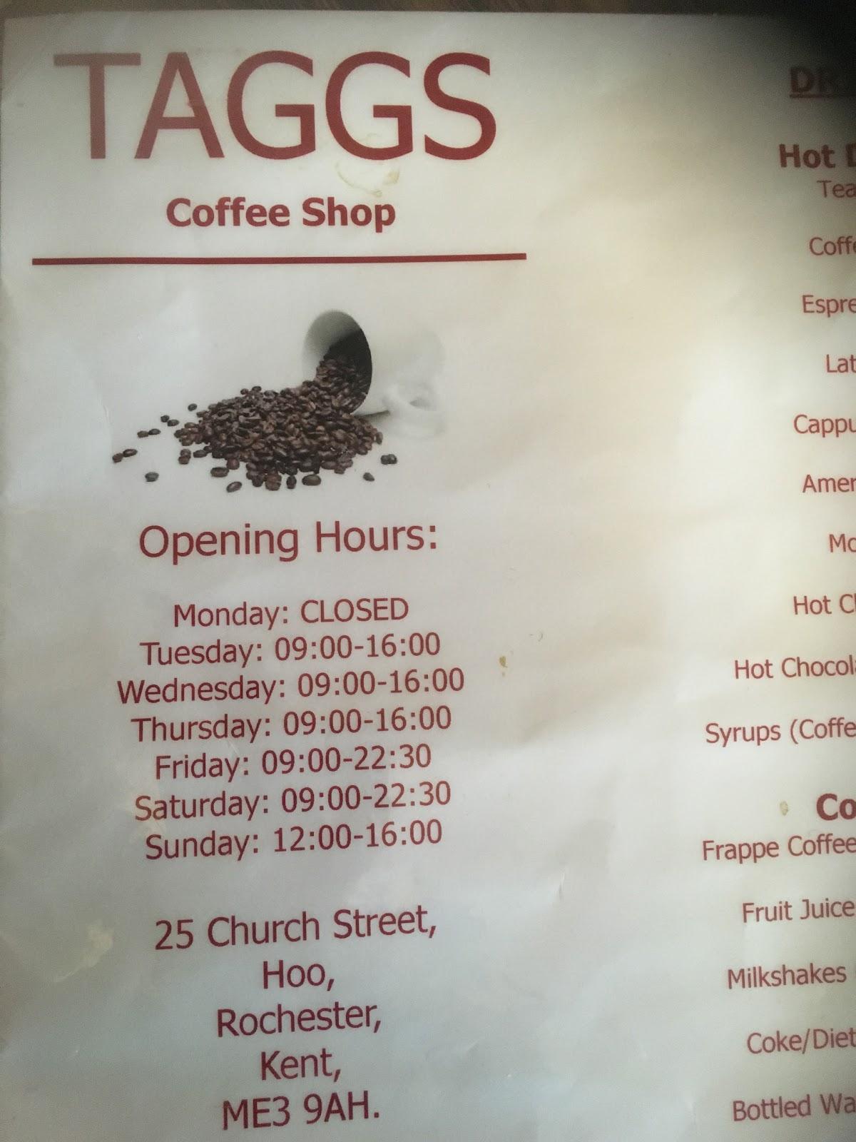 Menu at Taggs Coffee Shop cafe, Rochester