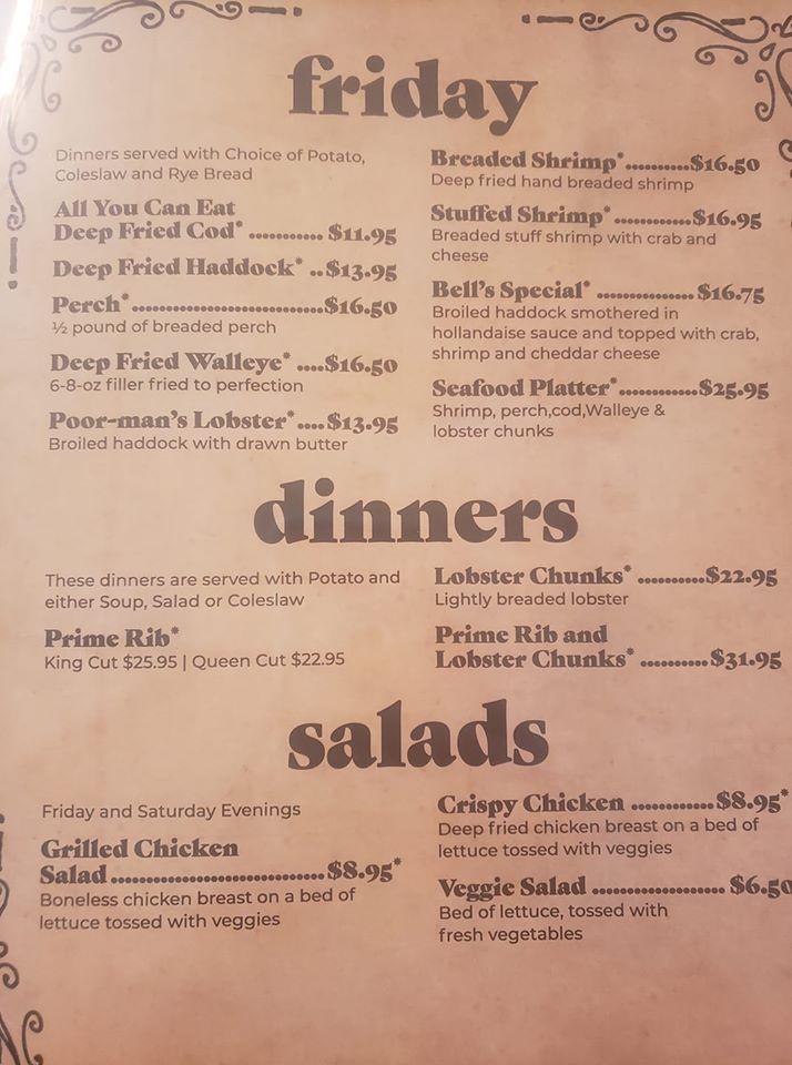 Menu at The Bell Tavern restaurant, Randolph