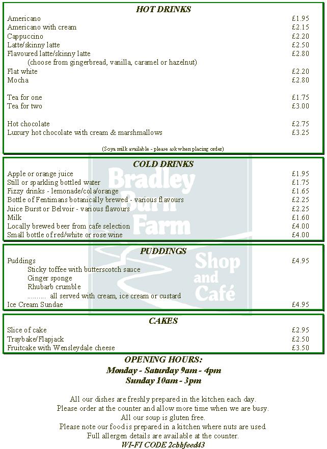Menu at Bradley Burn Farm Cafe, Wolsingham