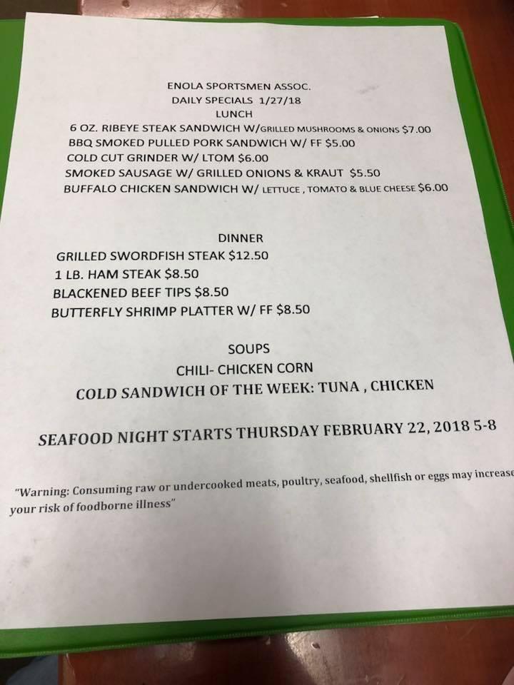 Menu at Enola Sportsmen's Club, Enola