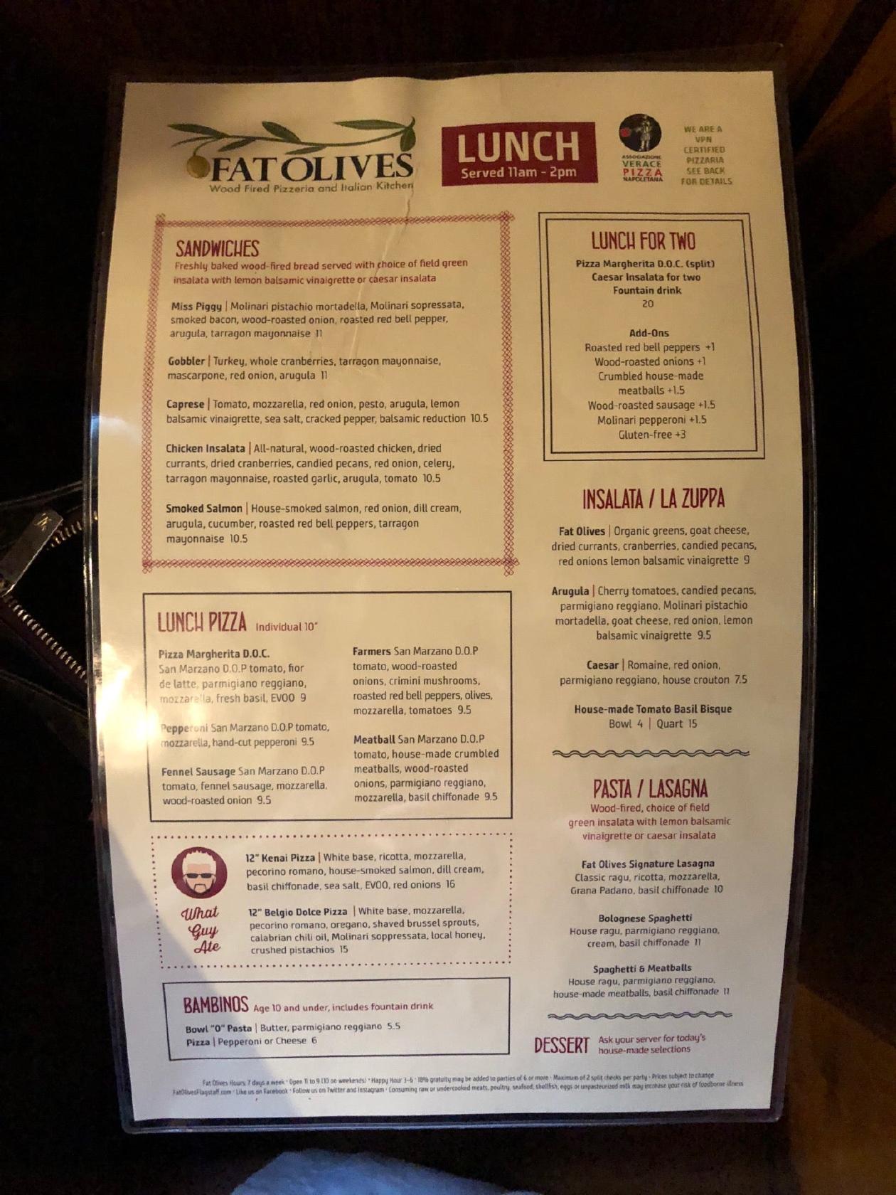 Menu at Fat Olives pizzeria, Flagstaff