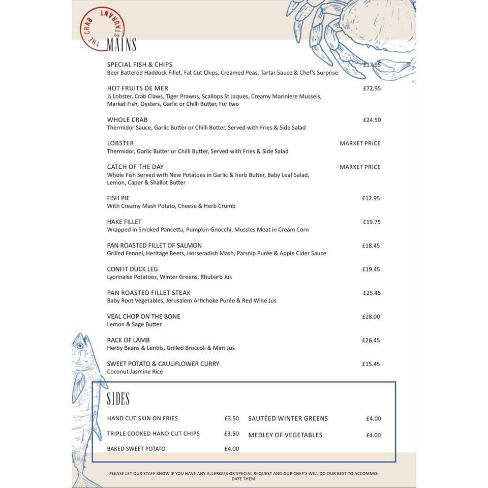 Menu at Crab at Bournemouth restaurant, Bournemouth