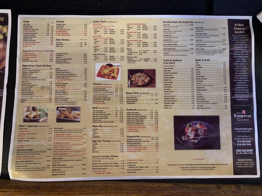 Menu at Emperor Asian Cuisine restaurant, Mohegan Lake