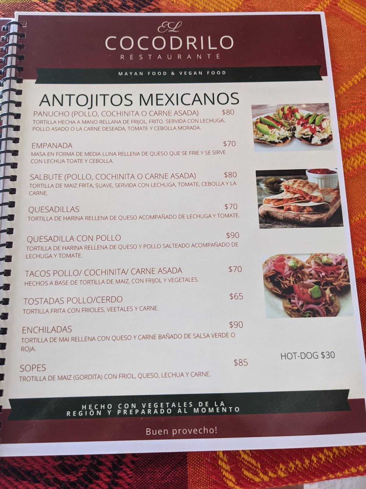 Carta del restaurante El Cocodrilo, Cobá, Quintana Roo Nuevo Durango - Coba  175 Frente Al Muelle De Los Cocodrilos