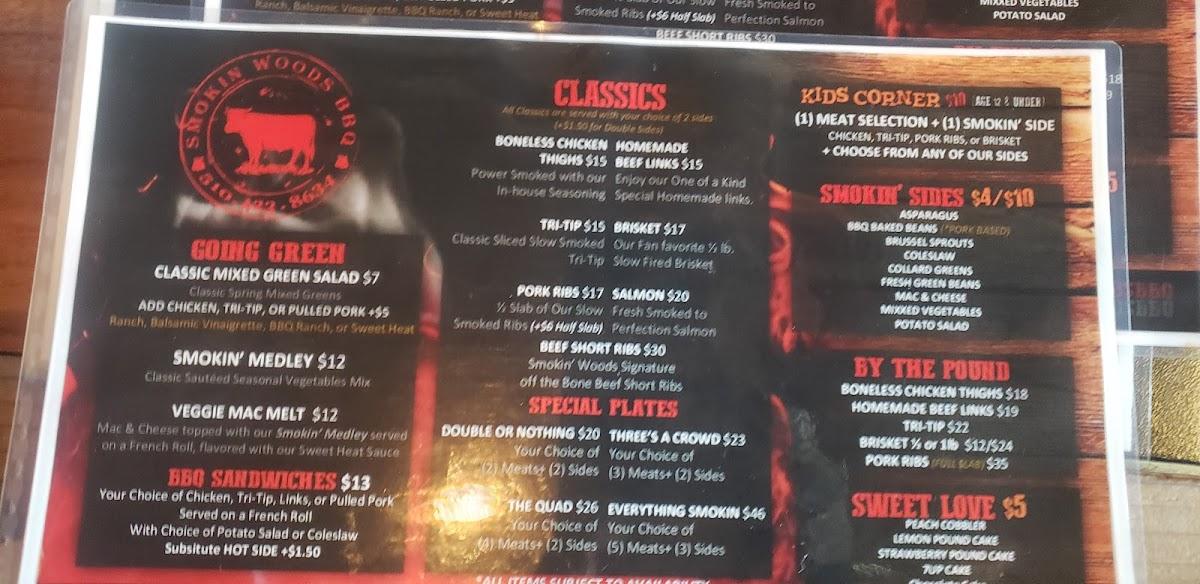 Menu at Smokin Woods BBQ, Oakland, Telegraph Ave