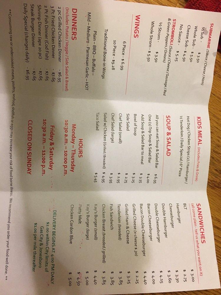 Menu at Kay's Pizza pizzeria, Gas City