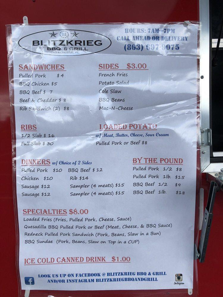 Menu at Blitzkrieg BBQ & Grill, Okeechobee