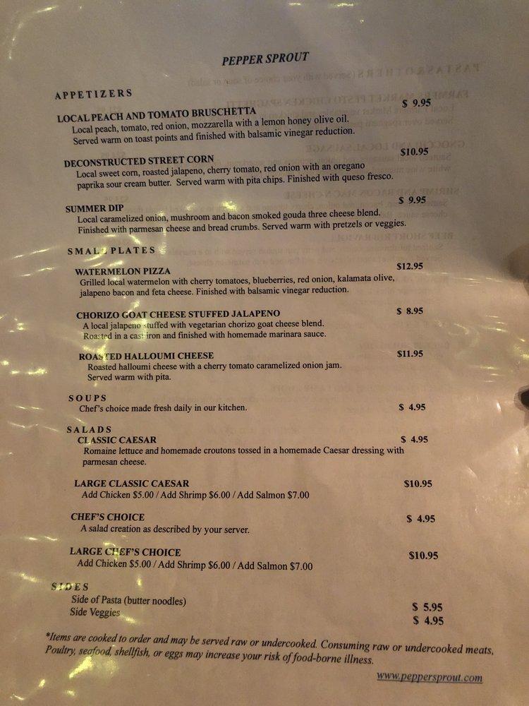 Menu at Pepper Sprout Midwest Cuisine restaurant, Dubuque