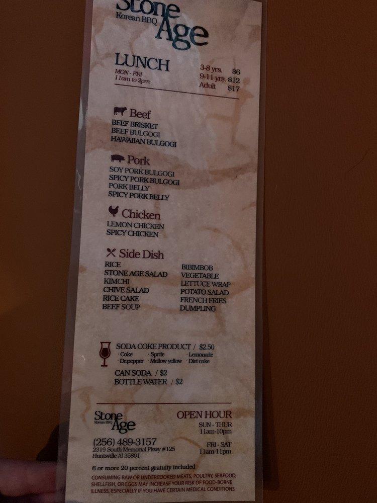Menu at STONE AGE KOREAN BBQ, Huntsville