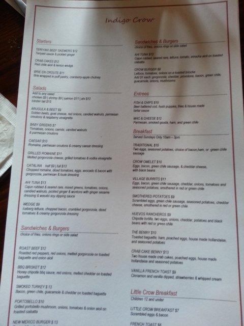 Menu at Indigo Crow Cafe, Corrales