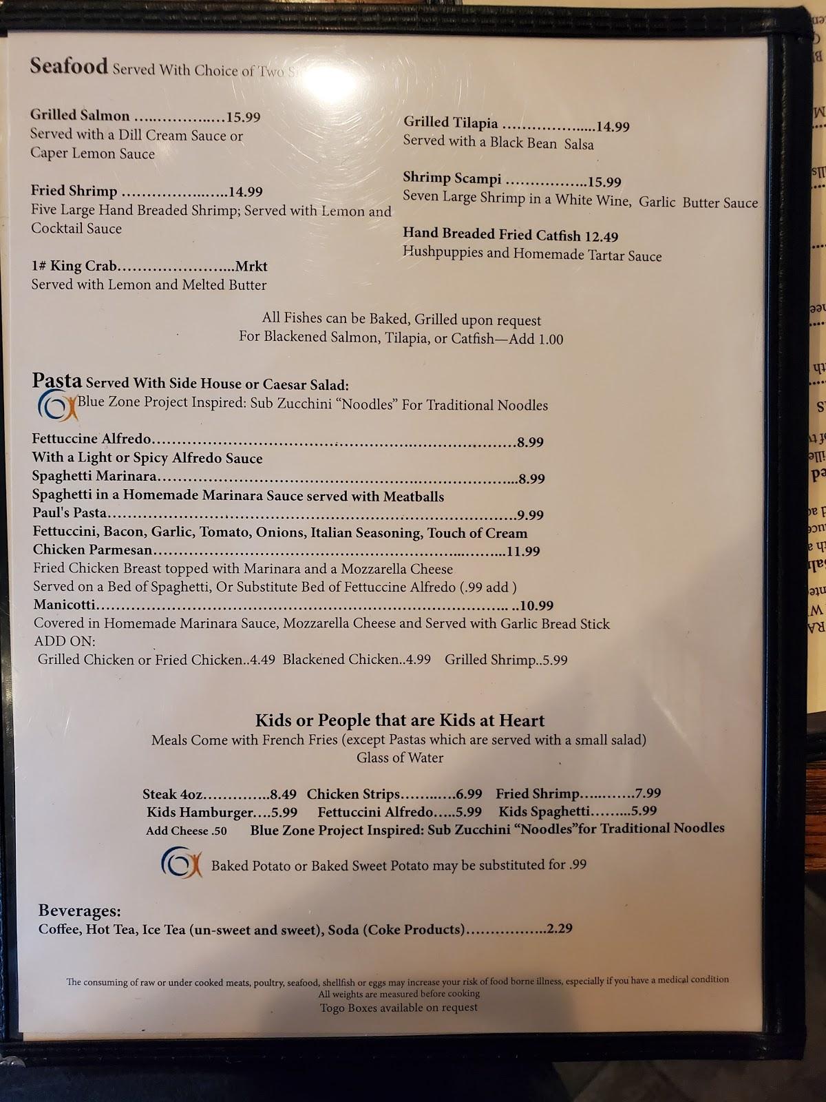 Menu at Paul's Place Steakhouse, Shawnee, 120 W MacArthur St suite 104