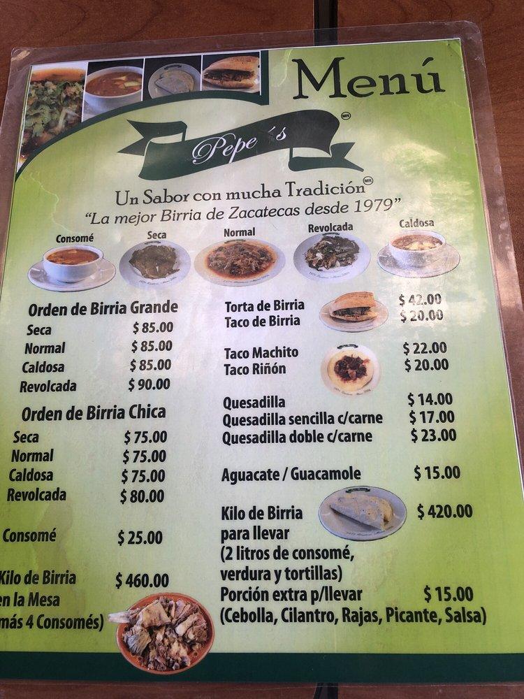 Menu at Pepe's Birriería Un sabor con mucha tradición BBQ, Zacatecas