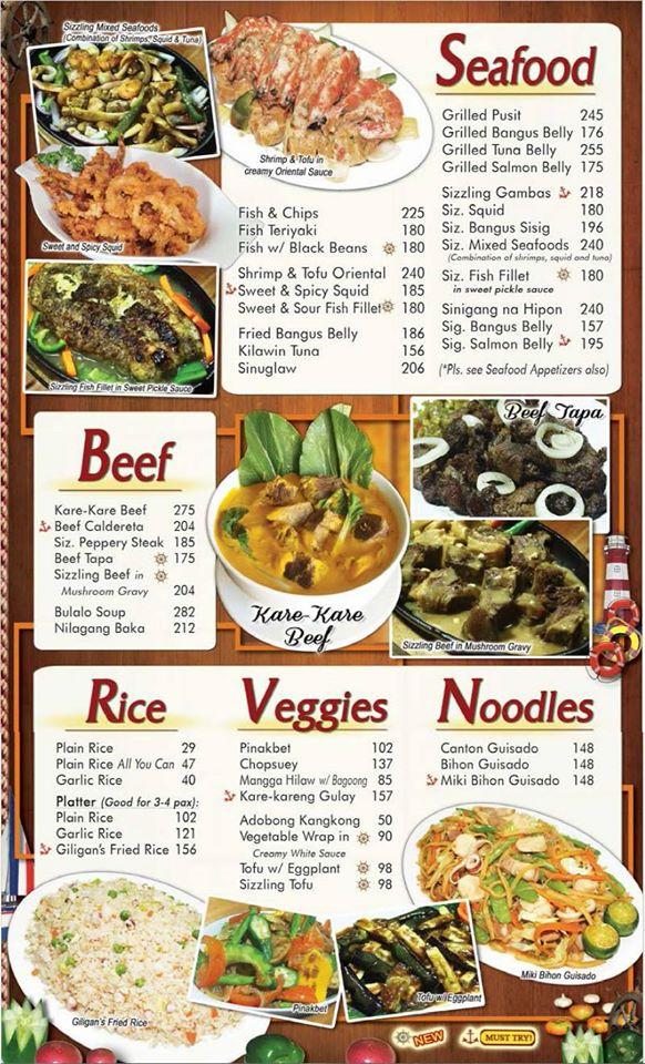 Menu at Giligan's restaurant, Santa Rosa, Vista Mall