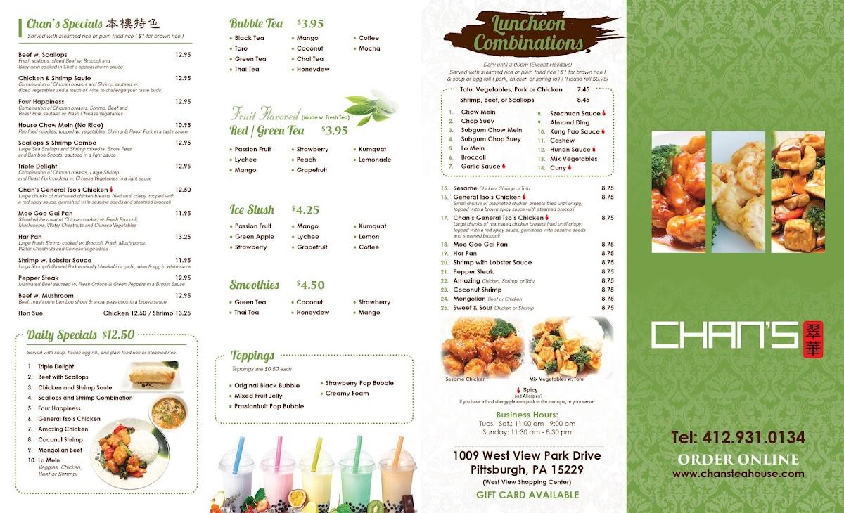 Menu at Chan's Tea House restaurant, West View