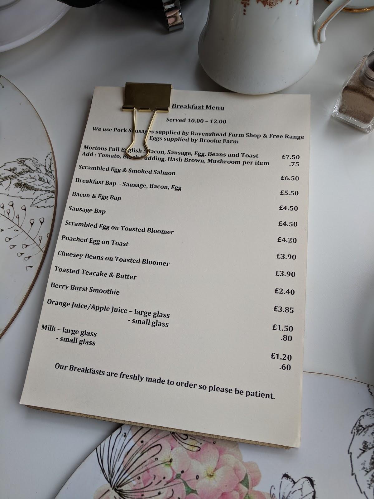 Menu at Morton's Farm Tea Rooms restaurant, Nottingham