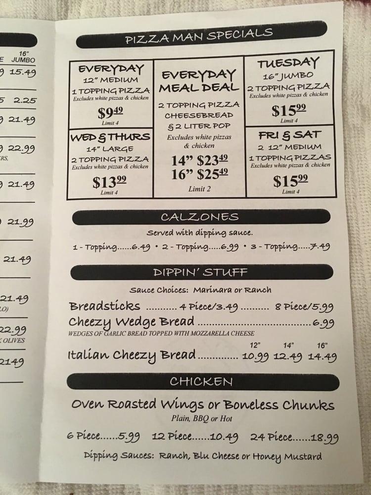 Menu at Pizza Man pizzeria, Amery