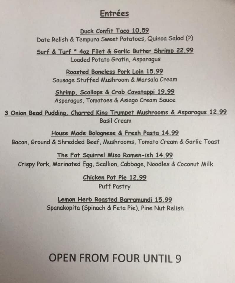 Menu at The Fat Squirrel Restaurant, Jennerstown